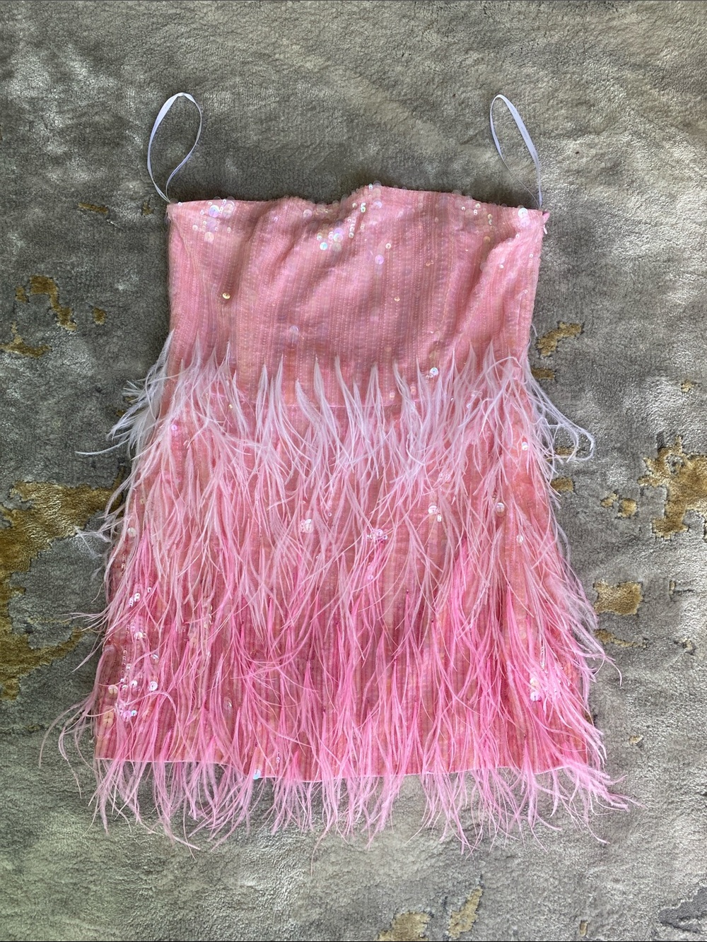 “Retrofete NY” Strapless Bubblegum Pink Sequin & Feather Party Dress. Worn once!